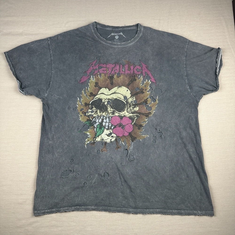 Metallica Shirt OS One Size Distressed Pushead Skull Flower Blackout Merch 2019